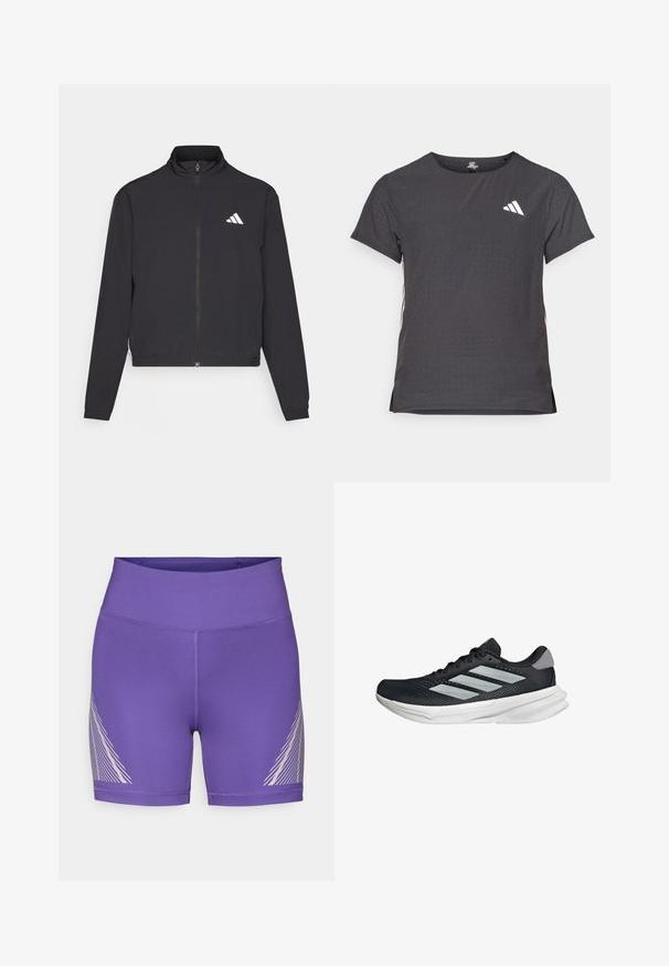 adidas Performance TRAIN ESSENTIALS 3 STRIPES WARM UP - Training jacket - black/white; Short-sleeve athletic t-shirt, dark gray with perforated texture. Features a white logo and contrasting side stripes. Rounded neckline.; Purple athletic shorts made of stretch fabric with a high waistband and a diagonal white line pattern on the left side.; Black running shoe with mesh upper, three silver stripes, white midsole, and textured outsole. Features padded collar and lace closure.