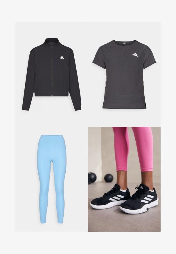 adidas Performance TRAIN ESSENTIALS 3 STRIPES WARM UP - Treningsjakke - black/white; Kortermet treningstrøye, mørkegrå med perforert tekstur. Har en hvit logo og kontrasterende side-striper. Rund halslinje.; Under Armour MOTION ANKLE LEG - Tights - horizon blue/white; Svarte treningssko med hvite striper, teksturert mesh-overdel og hvit såle. Brukt med rosa leggings, som viser frem treningsklær.