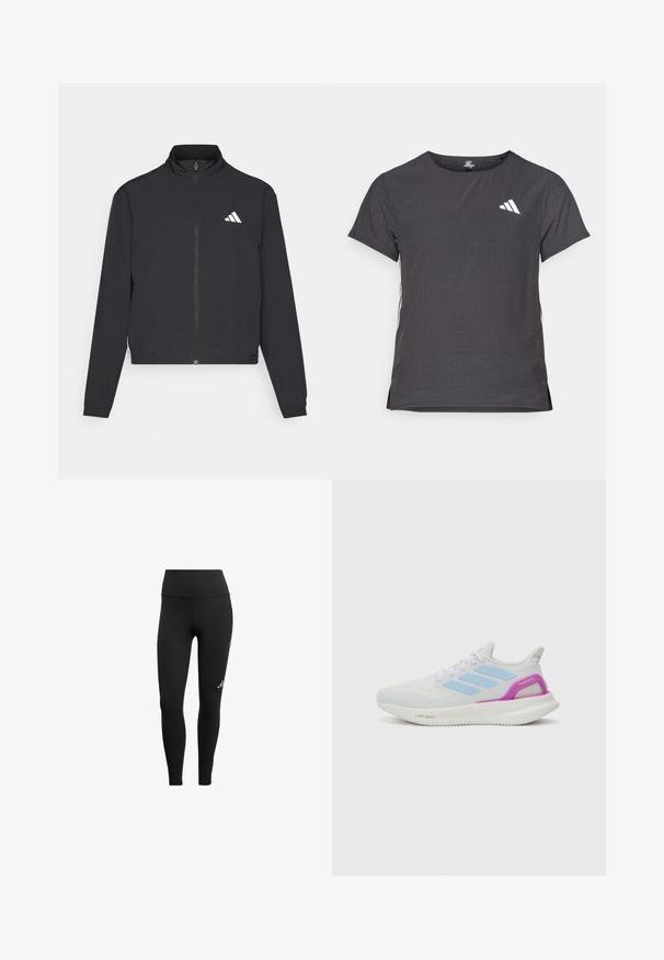 adidas Performance TRAIN ESSENTIALS 3 STRIPES WARM UP - Jakna za treniranje - black/white; Majica kratkih rukava za sport, tamno siva s perforiranim uzorkom. Ima bijeli logo i kontrastne bočne pruge. Zaobljeni izrez.; Crne tajice izrađene od rastezljivog materijala, karakterizirane visokim pojasom, elegantnim dizajnom i malim logotipom na donjem dijelu noge.; adidas Performance PUREBOOST 5 - Tenisice za cestovno trčanje - white/glow blue/purple burst