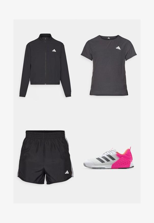 adidas Performance TRAIN ESSENTIALS 3 STRIPES WARM UP - Bluză de trening - black/white; Tricou athletic cu mânecă scurtă, gri închis, cu textură perforată. Prezentă un logo alb și dungi contrastante pe laterale. Guler rotunjit.; Pantaloni scurți atletici negri cu talie elastică, slituri pe laterale și accente albe în trei dungi. Prezintă un mic logo alb în colțul din dreapta jos.; Adidaș alb cu dungi gri, superior din plasă și toc și accente roz. Are toc texturat și talpă din cauciuc. Șireturile și gulerul căptușit.