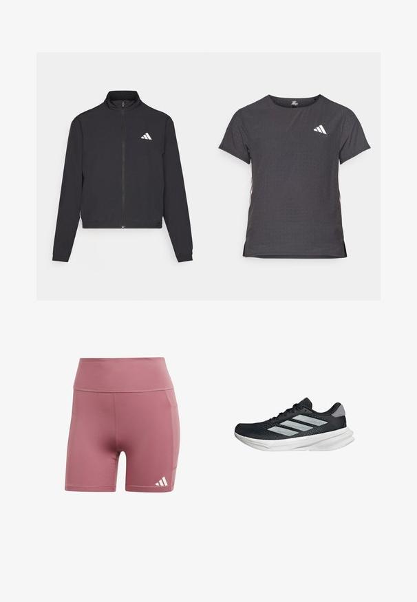 adidas Performance TRAIN ESSENTIALS 3 STRIPES WARM UP - Training jacket - black/white; Short-sleeve athletic t-shirt, dark gray with perforated texture. Features a white logo and contrasting side stripes. Rounded neckline.; Pink athletic shorts made of smooth fabric, featuring a high waistband, side pocket, and a white three-stripe logo on the lower edge.; Black running shoe with mesh upper, three silver stripes, white midsole, and textured outsole. Features padded collar and lace closure.