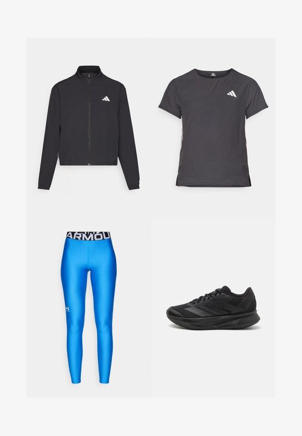 adidas Performance ESSENTIALS 3 STRIPES czarny; Koszulka sportowa z krótkim rękawem, ciemnoszara z perforowaną teksturą. Posiada białe logo oraz kontrastowe paski po bokach. Okrągły dekolt.; Niebieskie legginsy sportowe o gładkiej, błyszczącej fakturze; czarny pas z logo "ARMOUR" w białym kolorze. Logotypy na dolnej części nogawki.; Czarna sportowa buty do biegania z oddychającą siateczką, zaokrąglonym noskiem, eleganckim designem, teksturowanymi akcentami oraz amortyzowaną podeszwą dla wygody.