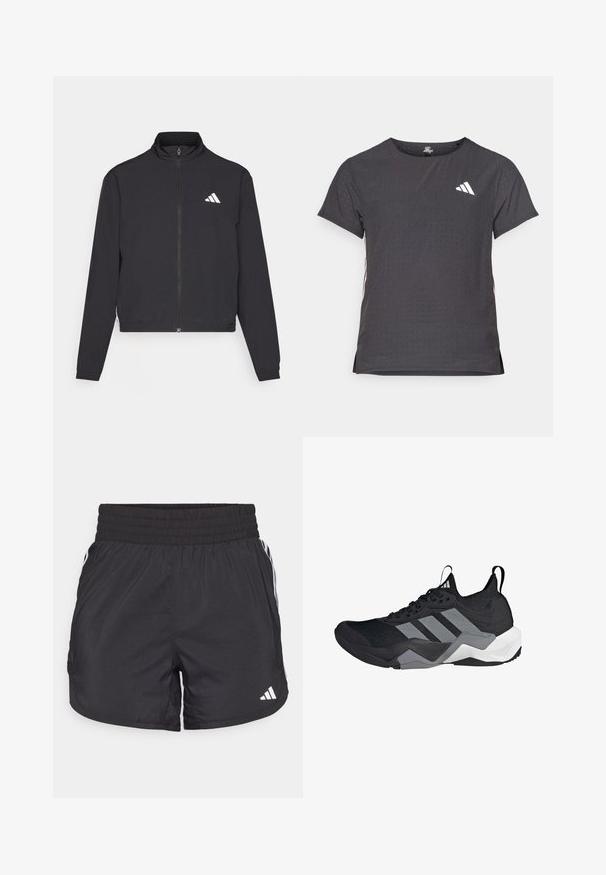 adidas Performance TRAIN ESSENTIALS 3 STRIPES WARM UP - Tréning dzseki - black/white; Rövid ujjú sport póló, sötétszürke perforált textúrával. Fehér logóval és kontrasztos oldalsávokkal rendelkezik. Kerek nyakkal.; Fekete sportnadrág elasztikus derékkal, oldalsó zsebekkel és fehér csíkkal az oldalán. Könnyű anyagból készült.; Fekete sportcipő, lélegző hálós felsőrésszel, szürke kiegészítőkkel, texturált talppal és három jellegzetes csíkkal az oldalon.