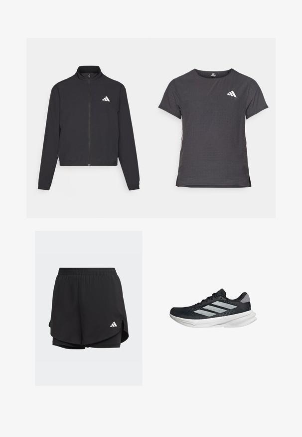 adidas Performance TRAIN ESSENTIALS 3 STRIPES WARM UP - Träningsjacka - black/white; Kortärmad atletisk t-shirt, mörkgrå med perforerad textur. Har en vit logotyp och kontrasterande sidostripes. Rundad halsringning.; Svarta träningsshorts med elastisk midjeband, lagerdesign, inre passande shorts och en vit logotyp på nedre vänstra sida.; Svart löparskor med meshtopp, tre silverränder, vit mellansula och strukturerad sula. Har vadderad krage och snörning.