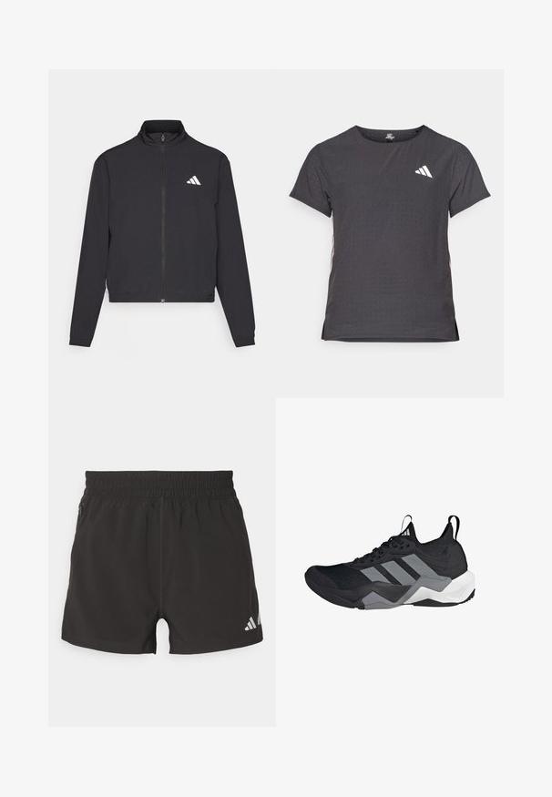 adidas Performance TRAIN ESSENTIALS 3 STRIPES WARM UP - Trainingsjacke - black/white; Kurze Ärmel Sport-T-Shirt, dunkelgrau mit durchbrochener Textur. Enthält ein weißes Logo und kontrastierende Seitenstreifen. Runder Ausschnitt.; Schwarze sportliche Shorts aus leichtem Stoff. Mit elastischem Bund, seitlicher Reißverschlusstasche und einem reflektierenden Logo am Saum.; Schwarzer Sportschuh mit einem atmungsaktiven Mesh-Obermaterial, grauen Akzenten, strukturiertem Sohlenprofil und drei markanten Streifen an der Seite.