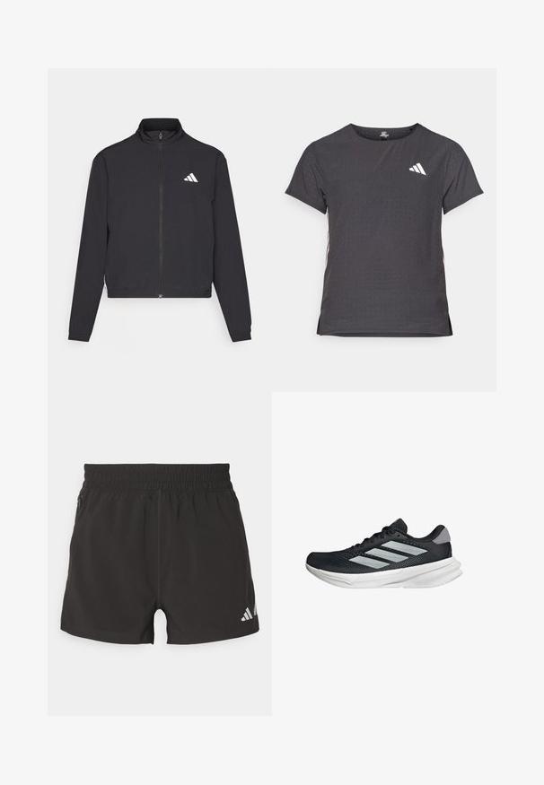 adidas Performance TRAIN ESSENTIALS 3 STRIPES WARM UP - Jakna za treniranje - black/white; Majica kratkih rukava za sport, tamno siva s perforiranim uzorkom. Ima bijeli logo i kontrastne bočne pruge. Zaobljeni izrez.; Crne atletske kratke hlače izrađene od lagane tkanine. Imaju elastičnu traku u struku, bočni džep sa zatvaračem i reflektirajući logo na rubu.; Crne trkačke tenisice s mrežastim gornjim dijelom, tri srebrne pruge, bijeli srednji sloj i teksturirani potplat. Sadrži podstavljeni ovratnik i zatvaranje s vezicama.
