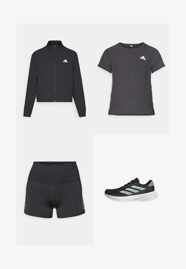 adidas Performance TRAIN ESSENTIALS 3 STRIPES WARM UP - Tréningová bunda - black/white; Tričko s krátkym rukávom pre šport, tmavosivé s perforovanou textúrou. Obsahuje biele logo a kontrastné bočné pruhy. Okrúhly výstrih.; Čierne športové šortky s vysokým pásom, vyrobené z elastickej látky. Majú biele bočné pruhy a ploché švy pre pohodlie.; Čierna behacia obuv s vrchnou časťou z priedušného materiálu, tromi striebornými pruhmi, bielou medzipodrážkou a textúrovanou podrážkou. Obsahuje polstrovaný golier a uzatváranie na šnúrky.