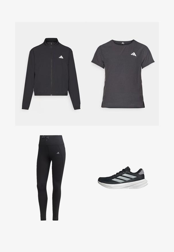 adidas Performance TRAIN ESSENTIALS 3 STRIPES WARM UP - Træningsjakke - black/white; Kortærmet atletisk t-shirt, mørkegrå med perforeret tekstur. Har et hvidt logo og kontrastfarvede sidelister. Rundet halsudskæring.; Sorte leggings med høj talje, snøre-detalje og sidelommer. Fremstillet af glat materiale med reflekterende logo-accent.; Sort løbesko med mesh-overdel, tre sølvstriber, hvid mellemsål og struktureret ydersål. Har polstret krave og snørelukning.