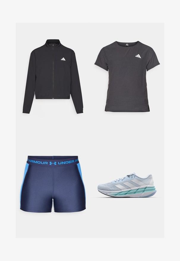 adidas Performance TRAIN ESSENTIALS 3 STRIPES WARM UP - Trainingsvest - black/white; Korte mouwen sport t-shirt, donkergrijs met geperforeerde textuur. Bevat een wit logo en contrasterende zijstrepen. Ronde halslijn.; Middendonkblauwe sportieve shorts met lichtblauwe zijpanelen. Voorzien van een elastische tailleband met het Under Armour-logo. Glad, rekbaar stof.; Lichtblauwe sportschoenen met een gestructureerde breitbovenkant, witte accenten en een doorzichtige groene tussenzool. Ronde neus en gevoerde kraag.