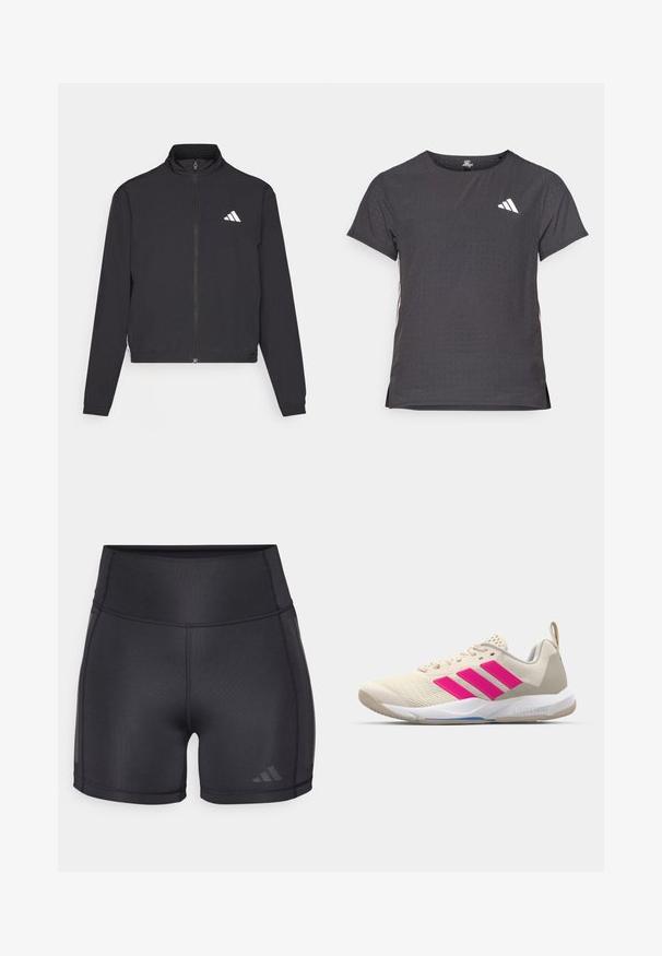 adidas Performance TRAIN ESSENTIALS 3 STRIPES WARM UP - Sportovní bunda - black/white; Kraťasový sportovní tričko, tmavě šedé barvy s perforovanou texturou. Obsahuje bílé logo a kontrastní boční pruhy. Kulatý výstřih.; Černé sportovní šortky s vysokým pasem, hladkou texturou, plochými švy a jemným logem na spodní straně.; Béžová sportovní obuv s růžovým logem tří pruhů, texturovaným síťovaným svrškem, polstrovaným límcem a bílou gumovou podešví, s označením "LIGHTSTRIKE".