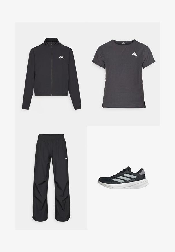adidas Performance TRAIN ESSENTIALS 3 STRIPES WARM UP - Chaqueta de entrenamiento - black/white; Camiseta atlética de manga corta, gris oscuro con textura perforada. Presenta un logo blanco y rayas laterales en contraste. Escote redondeado.; Pantalones negros, ligeros, impermeables, con una cintura elástica, bolsillos laterales y puños ajustables. Presenta un logo blanco en el muslo izquierdo.; Zapatilla de correr negra con parte superior de malla, tres franjas plateadas, media suela blanca y suela texturizada. Incluye un cuello acolchado y cierre de cordones.