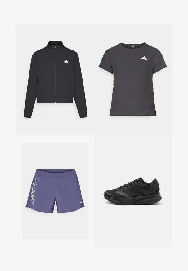 adidas Performance TRAIN ESSENTIALS 3 STRIPES WARM UP - Trainingsvest - black/white; Korte mouwen sport t-shirt, donkergrijs met geperforeerde textuur. Bevat een wit logo en contrasterende zijstrepen. Ronde halslijn.; Paarse sportshorts van lichtgewicht stof, met een zijpatroon en logo in het wit. Elastische tailleband met een gladde textuur.; Zwarte hardloopschoen met een ademende mesh bovenkant, ronde neus, slank ontwerp, textuuraccenten en een gevoerde zool voor comfort.