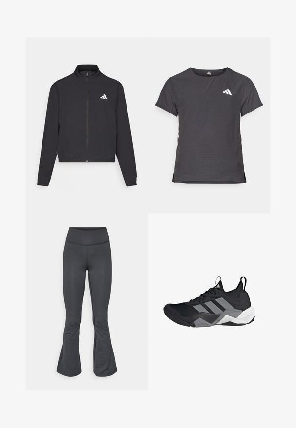 adidas Performance TRAIN ESSENTIALS 3 STRIPES WARM UP - Veste de survêtement - black/white; T-shirt de sport à manches courtes, gris foncé avec une texture perforée. Présente un logo blanc et des rayures latérales contrastantes. Encolure arrondie.; Leggings gris avec un design évasé en bas, fabriqués à partir d'un matériau lisse et extensible, présentant une taille haute et une construction sans coutures.; Chaussure de sport noire avec une tige en maille respirante, des accents gris, une semelle texturée et trois rayures distinctives sur le côté.