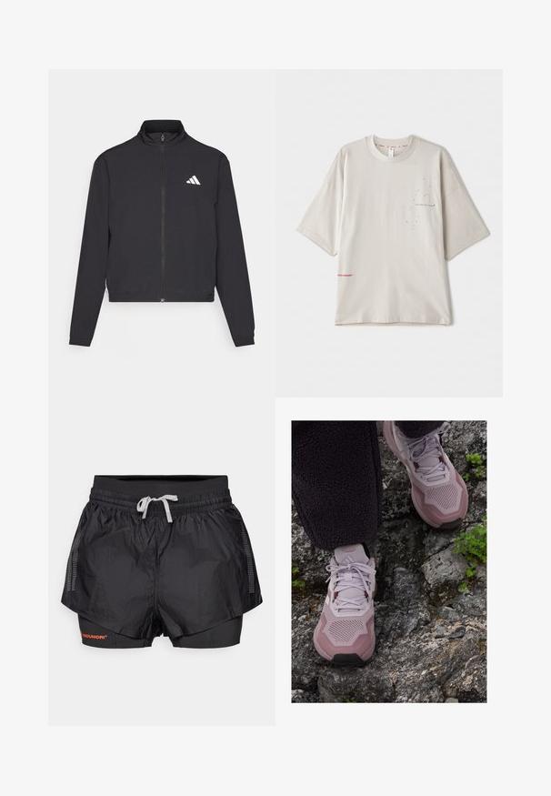 adidas Performance TRAIN ESSENTIALS 3 STRIPES WARM UP - Tréningová bunda - black/white; Svetlošedé voľné tričko s krátkymi rukávmi, s malým čiernym potlačou na hrudi a červeným logom na leme. Jesť jemná bavlna.; Čierne športové šortky s textúrovaným vonkajším vrstvou, so sieťovanými panelmi a vnútornou priliehavou vrstvou. Majú elastický pás s šnúrkou na stiahnutie.; Svetlofialové športové topánky s textúrovaným sieťovinovým zvrškom, spevnenou špičkou a gumovou podrážkou, položené na kamenistom teréne s zelenými akcentmi.