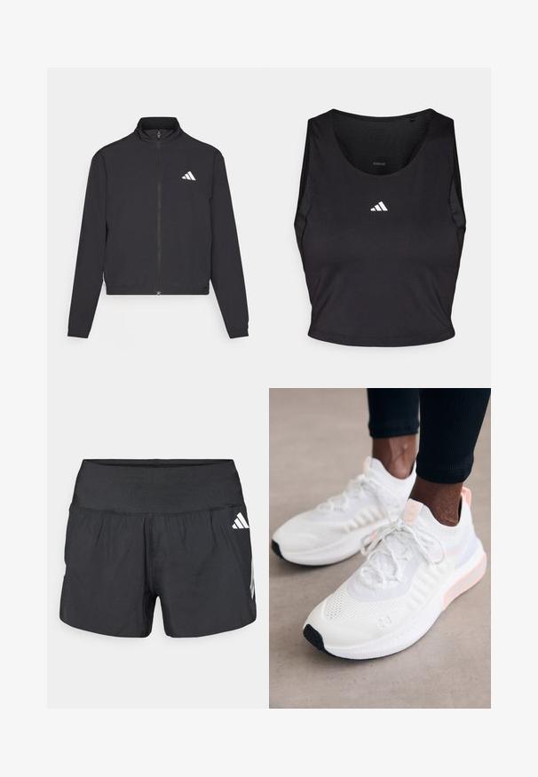 adidas Performance TRAIN ESSENTIALS 3 STRIPES WARM UP - Training jacket - black/white; Black sports crop top made from moisture-wicking fabric, featuring a round neck, sleeveless design, and white logo on the chest.; Black athletic shorts featuring a wide elastic waistband, lightweight fabric, and white logo accents on the lower side.; Under Armour PHANTOM 4 - Trainers - white