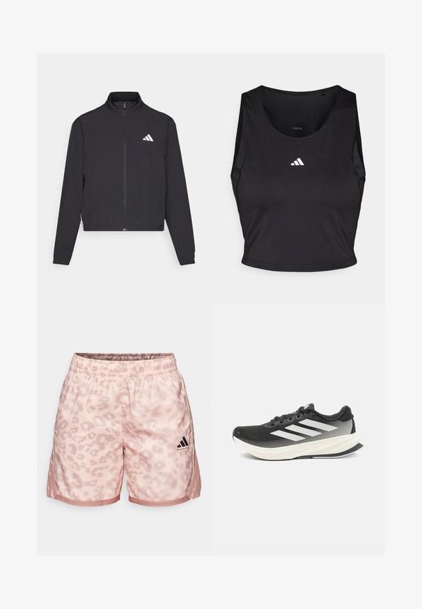 adidas Performance TRAIN ESSENTIALS 3 STRIPES WARM UP - Spordijakk - black/white; Mustmust sportlik crop tops, mis on valmistatud niiskust eemal hoidvast kangast, ümmarguse kaelaaugu, varrukateta disaini ja valge logoga rinnal.; adidas Performance CRAZY LITE CHEETAH SHORT - Spordišortsid - warm clay; Mustad mustus sportlik jalanõud, millel on võrgu pealmine osa, valged aktsendid ja paks valge vaheosa. Omab paelasid ja madalat profiili.