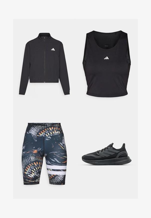 adidas Performance TRAIN ESSENTIALS 3 STRIPES WARM UP - Training jacket - black/white; Black sports crop top made from moisture-wicking fabric, featuring a round neck, sleeveless design, and white logo on the chest.; Black athletic shorts featuring a colorful abstract print. Includes two white horizontal stripes near the hem. Made from stretchy material.; Black athletic shoes with a mesh upper, textured panels, three stripes detail, and a curved sole labeled "LIGHT BOOST."