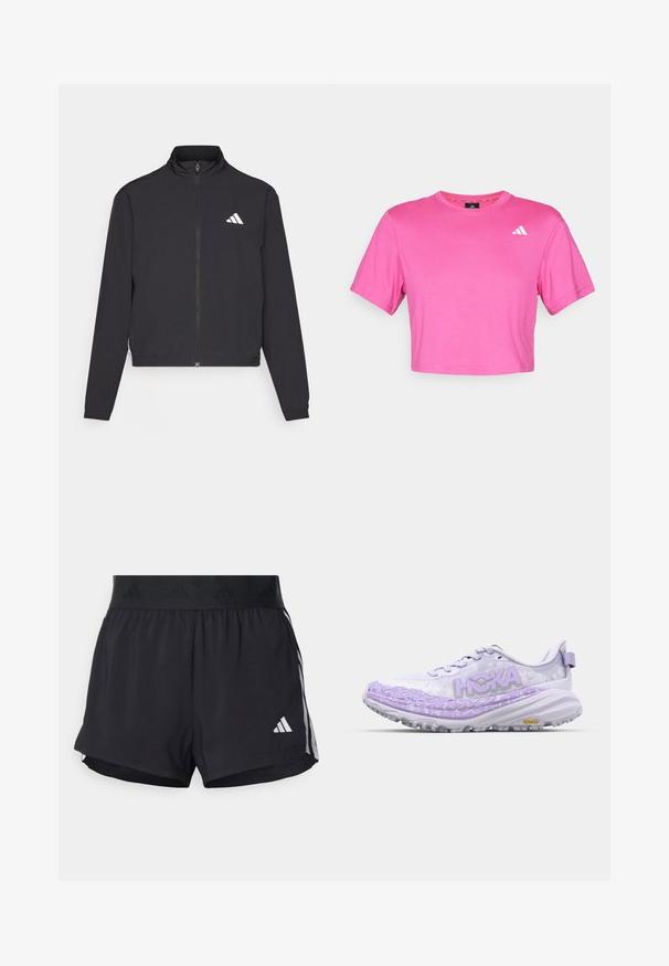 adidas Performance TRAIN ESSENTIALS 3 STRIPES WARM UP - Sportovní bunda - black/white; Růžové zkrácené tričko vyrobené z měkké bavlny. Má krátké rukávy a malé bílé logo na levé části hrudi. Hladká textura s klasickým střihem.; Černé sportovní šortky s elastickým pasem, s texturovaným páskem, bočními pruhy a bílým logem Adidas na dolním lemu.; Světle fialová běžecká obuv s texturovaným designem, vyznačující se výrazným bílým logem, polstrovanou podrážkou a robustní podešví pro trakci.