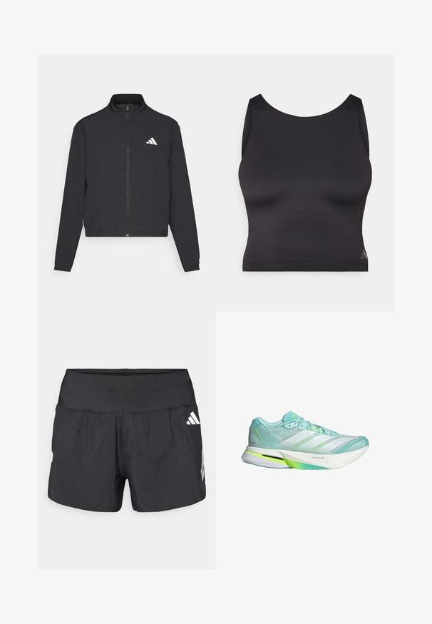 adidas Performance TRAIN ESSENTIALS 3 STRIPES WARM UP - Veste de survêtement - black/white; Top court noir en tissu lisse et extensible, avec un col rond et sans manches. Présente un logo discret.; Shorts athlétiques noirs avec une large ceinture élastique, un tissu léger et des accents de logo blanc sur le bas côté.; Chaussure de course légère en vert menthe et blanc, avec une tige en maille et une semelle flexible. Elle présente trois rayures et un contre-pointe texturé.