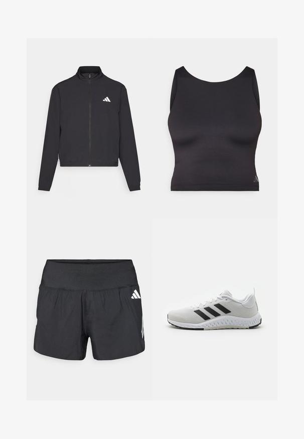 adidas Performance TRAIN ESSENTIALS 3 STRIPES WARM UP - Træningsjakke - black/white; Sort atletisk crop top lavet af glat, strækbart stof med rund halsudskæring og ærmeløs design. Har en subtil logo detalje.; Sorte atletikshorts med bred elastisk talje, letvægtsstof og hvide logoaccents på den nederste side.; Hvide atletiksko med sorte striber, mesh-overdel, gummisål og teksturerede detaljer. Har en afrundet tå og polstret krave.