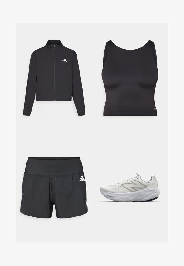 adidas Performance ESSENTIALS 3 STRIPES czarny; Czarny sportowy crop top wykonany z gładkiego, elastycznego materiału, z okrągłym dekoltem i bezrękawowym fasonem. Posiada subtelny detal z logo.; Czarne spodenki sportowe z szerokim elastycznym pasem, lekkim materiałem i białymi akcentami logo na dolnej stronie.; Białe buty sportowe z siateczkową cholewką, z wyściełanym kołnierzem, teksturowaną podeszwą i brandingiem "Fresh Foam" na śródpodeszwie.
