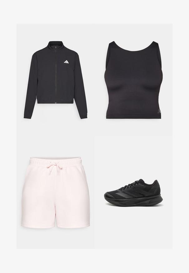 adidas Performance TRAIN ESSENTIALS 3 STRIPES WARM UP - Tréningová bunda - black/white; Čierny športový crop top vyrobený z hladkej, elastickej tkaniny s okrúhlym výstrihom a bezrukávovým dizajnom. Obsahuje jemný detail loga.; Svetloružové bavlnené šortky s elastickým pásom a nastaviteľnou šnúrkou. Majú jednoduchý dizajn a rovný lem na nohách.; Čierna bežecká obuv s priedušným sieťovaným zvrškom, zaoblenou špičkou, štíhlym dizajnom, štruktúrovanými akcentmi a polstrovanou podrážkou pre pohodlie.