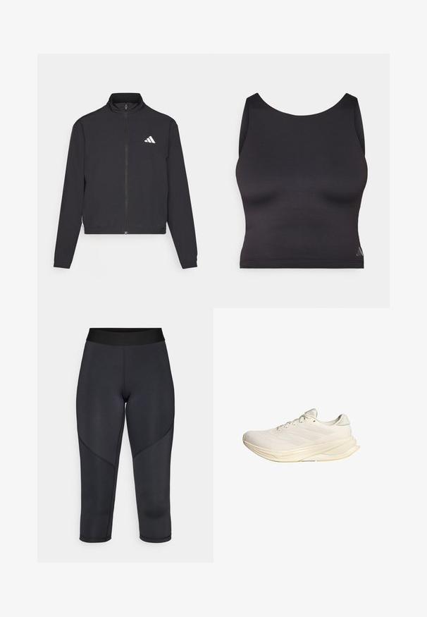 adidas Performance TRAIN ESSENTIALS 3 STRIPES WARM UP - Treniņjaka - black/white; Melnas sporta topiņš, izgatavots no gludas, elastīgas auduma ar apaļu izgriezumu un bez piedurknēm. Tam ir smalka logo detaļa.; Melni trīs ceturtdaļu garie legingi, izgatavoti no stiepjas auduma, ar gludu tekstūru, augstu jostasvietu un izliekta šuvju detalizāciju.; Gaišbeidzis sporta apavi ar sieta augšējo daļu, plakaniem šņorēm un mīkstu zoli. Iekļauj trīs svītru dizainu sānu pusē.