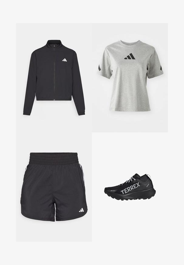 adidas Performance TRAIN ESSENTIALS 3 STRIPES WARM UP - Trainingsjacke - black/white; Grauer Rundhalsausschnitt T-Shirt aus weichem Stoff, mit einem schwarzen Adidas-Logo auf der Brust und schwarzen Akzenten an den Ärmeln.; Schwarze Sportshorts mit elastischem Bund, seitlichen Taschen und weißen Streifenakzenten an den Seiten. Hergestellt aus leichtem Material.; Schwarzer Sportschuh mit strukturiertem Obermaterial, ausgestattet mit "TERREX"-Branding, Schnürverschluss und einer robusten Außensohle für optimalen Halt.