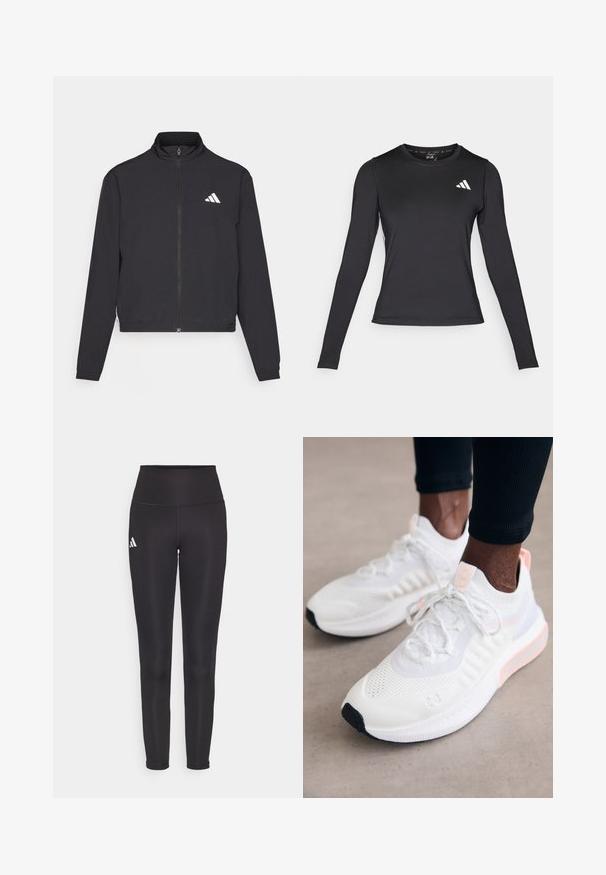 adidas Performance TRAIN ESSENTIALS 3 STRIPES WARM UP - Træningsjakke - black/white; Sort langærmet atletisk skjorte lavet af glat, strækbart materiale. Har et hvidt logo på brystet. Tætsiddende design med rund halsudskæring.; Sorte højtlivede leggings lavet af strækbart materiale. Har et hvidt logo på venstre side og et slankt, sømløst design. Glat tekstur.; Under Armour PHANTOM 4 - Sneakers - white