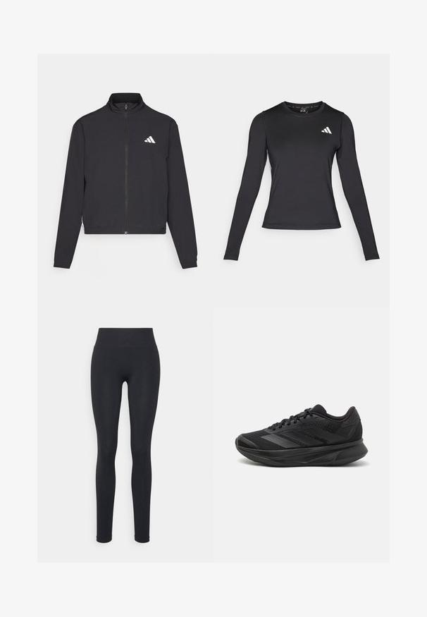 adidas Performance TRAIN ESSENTIALS 3 STRIPES WARM UP - Giacca sportiva - black/white; Maglietta sportiva nera a maniche lunghe realizzata in materiale liscio e elasticizzato. Presenta un logo bianco sul petto. Design aderente con scollatura rotonda.; Leggings neri con una vita alta, caratterizzati da una superficie liscia e un design aderente. Senza motivi visibili o dettagli in metallo.; Scarpa da corsa nera con tomaia in rete traspirante, punta rotonda, design elegante, dettagli testurizzati e suola ammortizzata per il comfort.