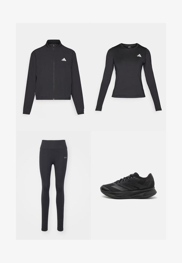 adidas Performance TRAIN ESSENTIALS 3 STRIPES WARM UP - Casaco de treino - black/white; Camisa de atletismo preta de mangas longas feita de um material suave e elástico. Apresenta um logótipo branco no peito. Design ajustado com decote redondo.; Leggings atléticos pretos com uma textura suave, cintura alta e detalhes cosidos. Apresenta um pequeno logótipo na parte da frente.; Sapatilha de corrida preta com parte superior em malha respirável, bico arredondado, design elegante, detalhes texturizados e sola acolchoada para conforto.