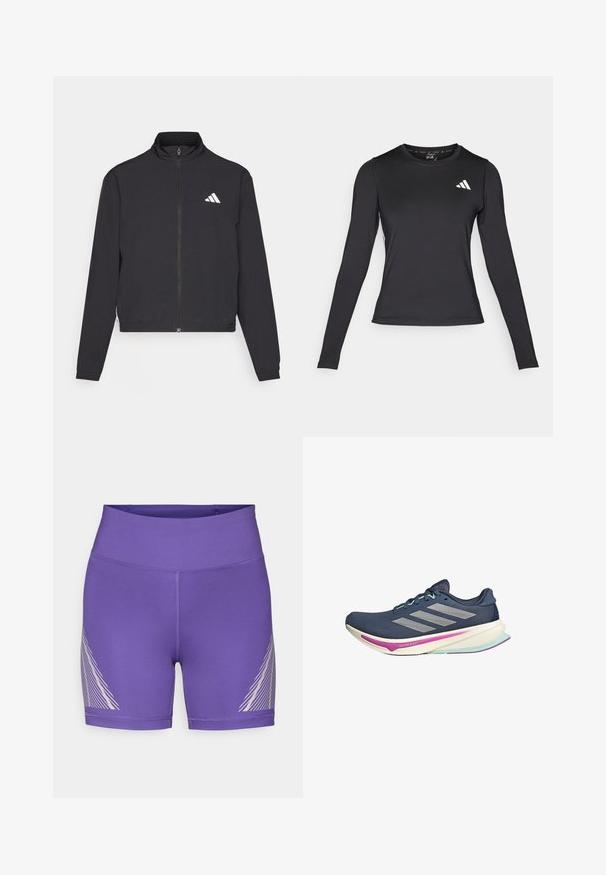 adidas Performance TRAIN ESSENTIALS 3 STRIPES WARM UP - Tréningová bunda - black/white; Čierne športové tričko s dlhým rukávom vyrobené z hladkého, elastického materiálu. Na hrudi sa nachádza biele logo. Filtrovaný dizajn s okrúhlym výstrihom.; Fialové športové šortky z elastickej látky s vysokým pásom a diagonálnym vzorom bielych línií na ľavej strane.; Námořnické běžecké boty s síťovaným svrškem, stříbrnými pruhy, mátovými akcenty a polstrovanou podrážkou s růžovými a tyrkysovými detaily pro pohodlí.