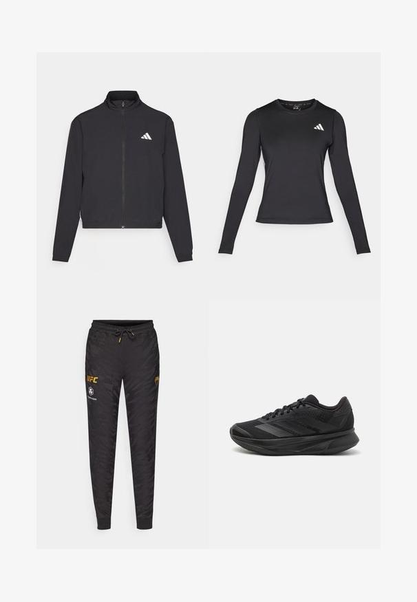adidas Performance ESSENTIALS 3 STRIPES czarny; Czarna, długa koszulka sportowa z długim rękawem, wykonana z gładkiego, elastycznego materiału. Posiada białe logo na piersi. Dopasowany krój z okrągłym dekoltem.; Czarne spodnie dresowe z kamuflażowym wzorem, z elastycznym pasem z sznurkiem, ściągaczami na nadgarstkach i nadrukowanymi logo UFC w kolorze złotym i białym.; Czarna sportowa buty do biegania z oddychającą siateczką, zaokrąglonym noskiem, eleganckim designem, teksturowanymi akcentami oraz amortyzowaną podeszwą dla wygody.