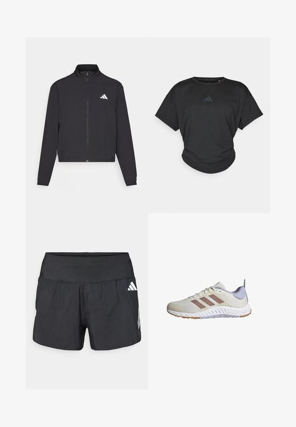 adidas Performance TRAIN ESSENTIALS 3 STRIPES WARM UP - Training jacket - black/white; Black athletic t-shirt with short sleeves, round neckline, and a slightly gathered hem. Features a subtle dark logo on the chest.; Black athletic shorts featuring a wide elastic waistband, lightweight fabric, and white logo accents on the lower side.; adidas Performance EVERYSET VERSATILE - Training shoe - chalk white warm clay violet tone