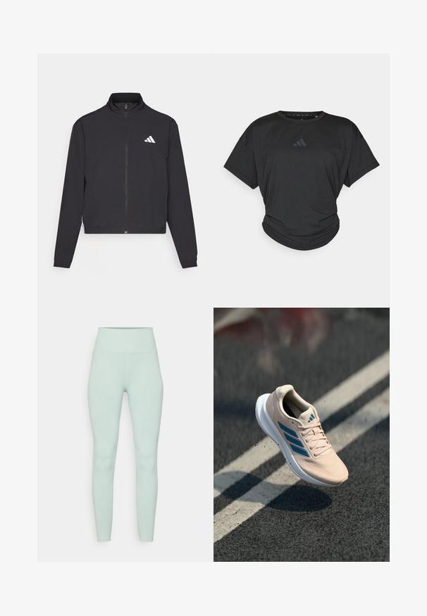 adidas Performance TRAIN ESSENTIALS 3 STRIPES WARM UP - Casaco de treino - black/white; T-shirt atlético preto com mangas curtas, decote redondo e um hem ligeiramente franzido. Apresenta um logótipo escuro subtil no peito.; Leggings canelados numa suave cor verde menta. Design de cintura alta com um ajuste justo e uma textura lisa em todo o tecido.; Ténis desportivo cor de rosa claro com detalhes azuis, parte superior em malha, design com atacadores e sola branca. Apresenta detalhe de logótipo com três riscas laterais.
