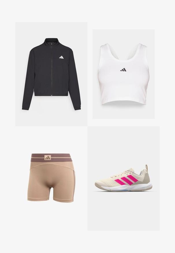 adidas Performance TRAIN ESSENTIALS 3 STRIPES WARM UP - Trainingsjacke - black/white; Weißes Crop-Top aus weichem Stoff, mit rundem Ausschnitt und schwarzem Adidas-Logo auf der Vorderseite. Glatte Textur, ärmelloses Design.; adidas Performance HYPERGLAM - Tights - chalky brown earth strata; Beige Sportsschuh mit pinkem Dreistreifen-Logo, strukturiertem Mesh-Obermaterial, gepolstertem Schaft und weißer Gummisohle, mit "LIGHTSTRIKE"-Branding.