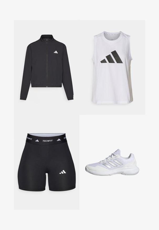 adidas Performance TRAIN ESSENTIALS 3 STRIPES WARM UP - Tréning dzseki - black/white; Fehér ujjatlan sportpóló kerek nyakkivágással, amelyen elöl egy nagy fekete Adidas-logo található, amely három csíkból áll.; Fekete, rugalmas anyagból készült, testhezálló rövidnadrág. Széles fekete derékpánttal rendelkezik, amelyen a "TECHFIT" felirat található, és a lábszáron egy fehér logó van.; Fehér sportcipő, hálós felsőrésszel, texturált panelekkel és ezüst részletekkel. Jellemzője a párnázott talp és a kerek orrdesign.