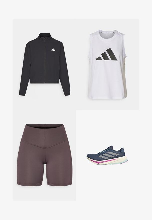 adidas Performance TRAIN ESSENTIALS 3 STRIPES WARM UP - Training jacket - black/white; White sleeveless athletic top with round neckline, featuring a large black Adidas logo composed of three stripes on the front.; High-waisted, fitted shorts made of soft, stretchy fabric in a muted brown color. Features flatlock seams and side pockets.; Navy running shoe with mesh upper, silver stripes, mint accents, and cushioned sole featuring pink and teal detailing for comfort.