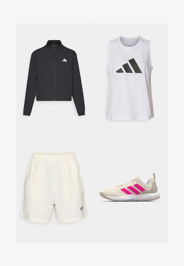 adidas Performance TRAIN ESSENTIALS 3 STRIPES WARM UP - Sportinė striukė - black/white; Balta be rankovių sportinė palaidinė su apvaliu kaklu, priekyje puikuojasi didelis juodas Adidas logotipas, sudarytas iš trijų juostelių.; Kreminės spalvos medvilniniai šortai su elastingu juosmeniu, šoniniais kišenėmis ir maža juoda logotipo detalė apatinėje kairėje pusėje.; Bežiniai sportiniai bateliai su rožinėmis trimis juostomis, tekstūruota tinklelio viršutinė dalis, paminkštinta apykaklė ir balta guma neslystančia padu, turintys "LIGHTSTRIKE" prekės ženklą.