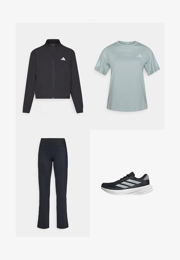 adidas Performance ESSENTIALS 3 STRIPES czarny; Jasnozielona sportowa koszulka wykonana z tkaniny odprowadzającej wilgoć. Posiada okrągły dekolt i trzy poziome paski na każdym rękawie.; Czarne sportowe spodnie z wysokim stanem. Wykonane z gładkiego, elastycznego materiału z rozszerzanym krojem nogawek i minimalnymi detalami przeszyć.; Czarny but biegowy z siateczkowym wierzchem, trzema srebrnymi paskami, białą podeszwą środkową i teksturowaną podeszwą zewnętrzną. Posiada wyściełany kołnierz i zapięcie na sznurówki.