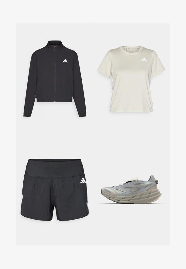 adidas Performance TRAIN ESSENTIALS 3 STRIPES WARM UP - Training jacket - black/white; adidas Performance TRAIN ESSENTIALS 3STRIPES WORKOUT - Sports T-shirt - alumina/white; Black athletic shorts featuring a wide elastic waistband, lightweight fabric, and white logo accents on the lower side.; Grey athletic shoe with a streamlined design, featuring a textured upper, visible lacing, a cushioning midsole, and a contoured outsole.