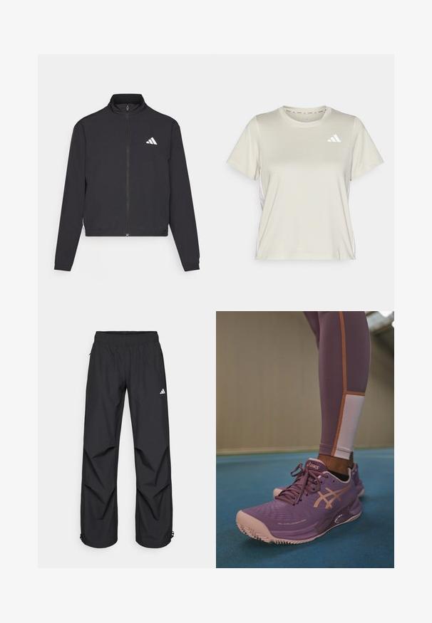 adidas Performance TRAIN ESSENTIALS 3 STRIPES WARM UP - Träningsjacka - black/white; adidas Performance TRAIN ESSENTIALS 3STRIPES WORKOUT - T-shirt till träning - alumina/white; Svarta, lätta, vattentäta byxor med elastisk midja, sidofickor och justerbara muddar. Har en vit logotyp på vänster lår.; Lila sportskor med texturerade överdelar och en dämpad sula, med en rosa tåparti och gyllene detaljer. Bärs med lila leggings.