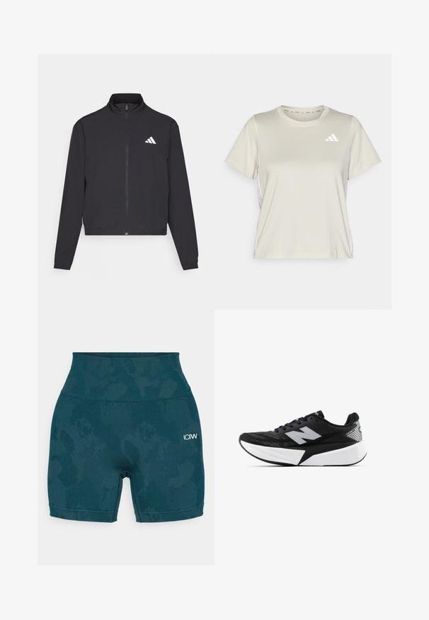 adidas Performance TRAIN ESSENTIALS 3 STRIPES WARM UP - Treningsjakke - black/white; adidas Performance TRAIN ESSENTIALS 3STRIPES WORKOUT - T-skjorte til trening - alumina/white; Høyt midjede teal sykkelshorts laget av elastisk stoff, med et subtilt mønster og en liten hvit logo på venstre side.; Svart-og-hvitt New Balance joggesko med tykk såle, mesh-overdel og "N"-logo på siden, sett fra utsiden.