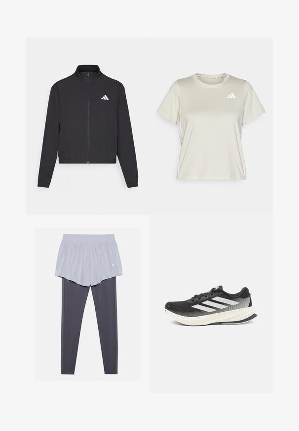 adidas Performance TRAIN ESSENTIALS 3 STRIPES WARM UP - Giacca sportiva - black/white; adidas Performance TRAIN ESSENTIALS 3STRIPES WORKOUT - T-Shirt sport - alumina/white; Pantaloni sportivi grigio chiaro con cintura elastica strati sopra leggings grigio scuro. Entrambi i tessuti sono lisci, elasticizzati e aderenti.; Scarpa sportiva nera con tomaia in mesh, accenti bianchi e una robusta intersuola bianca. Presenta lacci e un design a profilo basso.