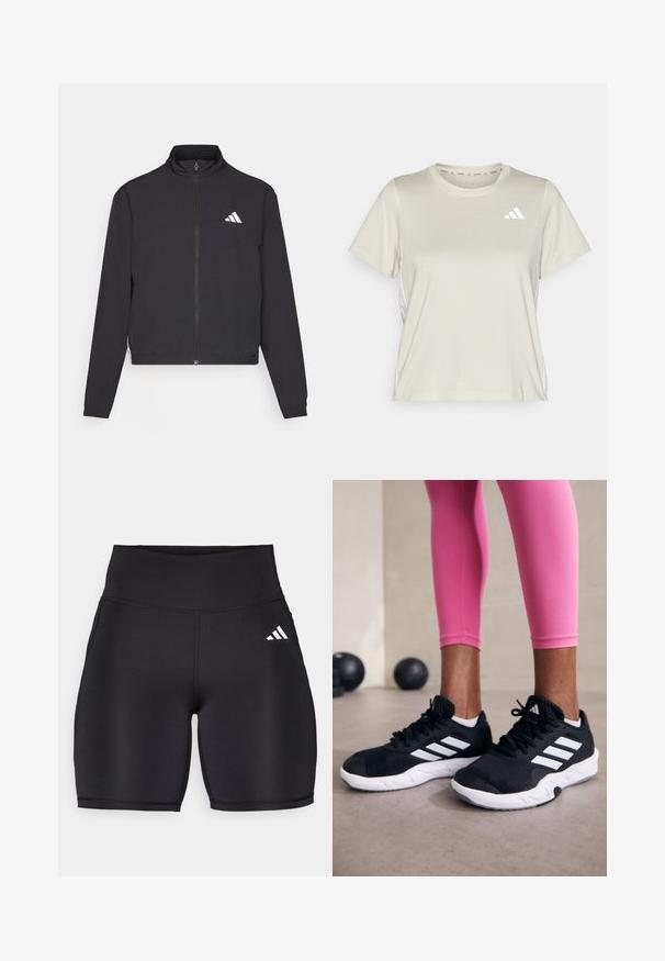 adidas Performance TRAIN ESSENTIALS 3 STRIPES WARM UP - Sportinė striukė - black/white; adidas Performance TRAIN ESSENTIALS 3STRIPES WORKOUT - Sportiniai marškinėliai trumpomis rankovėmis - alumina/white; Juodi sportiniai šortai, pagaminti iš elastingos medžiagos, su aukštu juosmeniu, lygaus paviršiaus ir balta trimis juostelėmis pažymėtu logotipu šone.; Juodi sportiniai bateliai su baltais dryžiais, tekstūruota tinklinė viršutinė dalis ir balti padai. Dėvimi su rožiniais leggingais, demonstruojant treniruočių aprangą.