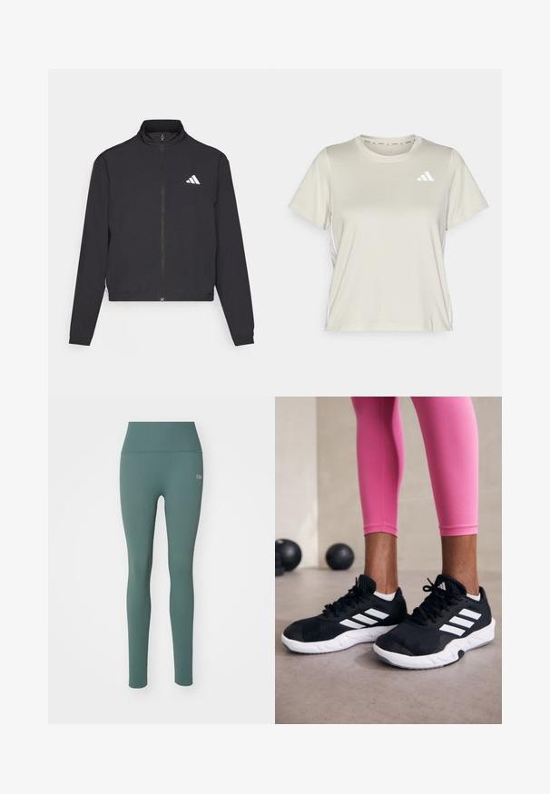adidas Performance TRAIN ESSENTIALS 3 STRIPES WARM UP - Treniņjaka - black/white; adidas Performance TRAIN ESSENTIALS 3STRIPES WORKOUT - Sporta krekli - alumina/white; Augstās jostasvietas zaļas legingu bikses ar svītrainu tekstūru. Satur logotipa detaļu sānos un pieguļošu, ergonomisku dizainu.; Melnas sporta kurpes ar baltām svītrām, teksturēta sieta augšdaļa un balta zole. Nēsātas ar rozā legingiem, demonstrējot treniņu apģērbu.