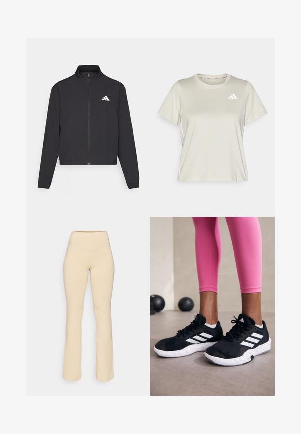 adidas Performance TRAIN ESSENTIALS 3 STRIPES WARM UP - Trainingsvest - black/white; adidas Performance TRAIN ESSENTIALS 3STRIPES WORKOUT - Sport T-shirt - alumina/white; Beige flared leggings met een hoge tailleband, gemaakt van zachte, rekbare stof. Glad textuur, geen zichtbare patronen of hardware details.; Zwarte sportschoenen met witte strepen, structuur-mesh bovenwerk en een witte zool. Draagt bij roze leggings, die trainin gskleding laten zien.