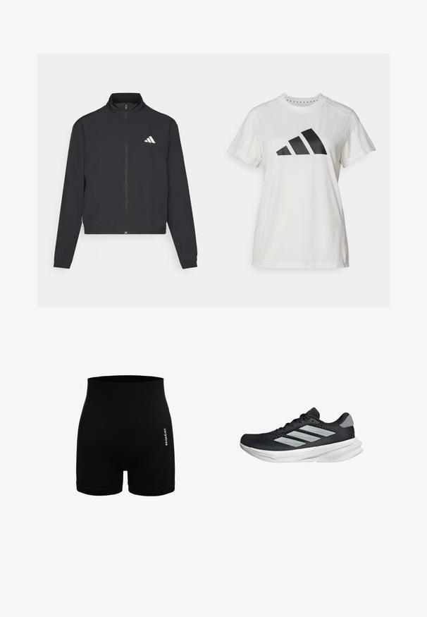 adidas Performance TRAIN ESSENTIALS 3 STRIPES WARM UP - Chaqueta de entrenamiento - black/white; Camiseta atlética blanca de tejido suave. Presenta mangas cortas y un gran logotipo negro de Adidas con tres rayas debajo.; Pantalones cortos deportivos negros hechos de una tela suave, con una cintura ancha acanalada, costuras laterales y un pequeño logo blanco en la parte frontal.; Zapatilla de correr negra con parte superior de malla, tres franjas plateadas, media suela blanca y suela texturizada. Incluye un cuello acolchado y cierre de cordones.