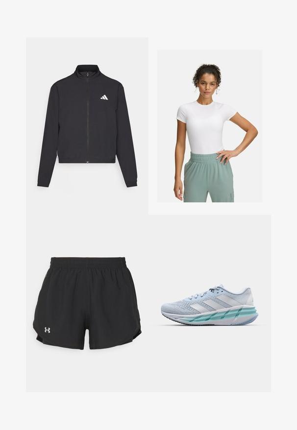 adidas Performance TRAIN ESSENTIALS 3 STRIPES WARM UP - Chaqueta de entrenamiento - black/white; Camiseta blanca ajustada de manga corta, combinada con pantalones de cintura elástica de color verde claro. Textura suave, diseño minimalista y sin patrones visibles.; Pantalones cortos deportivos negros con cintura elástica, bolsillos laterales y un pequeño logo plateado en la parte inferior izquierda. Textura suave y diseño ligero.; Zapatillas deportivas azul claro con un upper de punto texturizado, acentos blancos y una suela intermedia verde transparente. Punta redondeada y cuello acolchado.