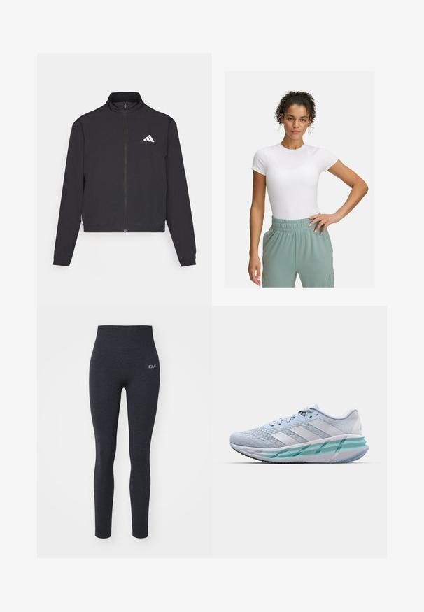 adidas Performance TRAIN ESSENTIALS 3 STRIPES WARM UP - Trainingsvest - black/white; Witte fitted t-shirt met korte mouwen, gecombineerd met lichtgroene broek met elastische tailleband. Gladde textuur, minimalistisch ontwerp en geen zichtbare patronen.; Hoge taille, donkergrijze leggings van rekbaar materiaal met een gladde textuur; voorzien van een klein logo aan de linkerkant.; Lichtblauwe sportschoenen met een gestructureerde breitbovenkant, witte accenten en een doorzichtige groene tussenzool. Ronde neus en gevoerde kraag.